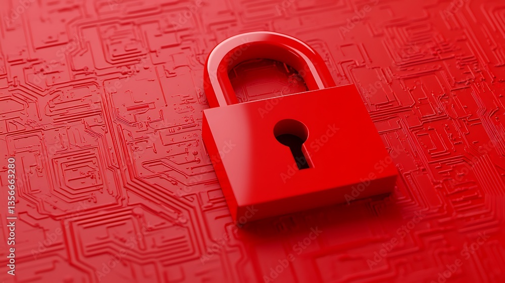 Poster red padlock on circuit board background representing cybersecurity and data protection concepts
