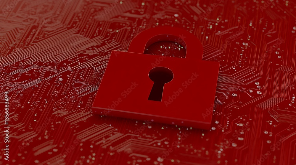 Poster red padlock on electronic circuit background representing digital security and data protection conce