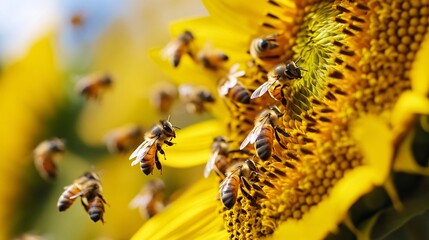 Obraz premium Sunflower Swarm Pollination Abundance Nature Scene Apiculture Activity Honeybees Vibrant Floral Display