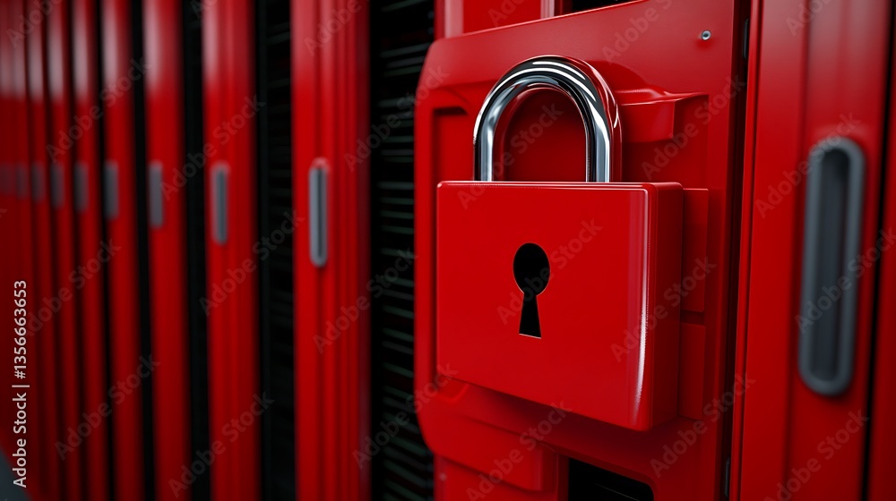 Poster red padlock on storage unit door with vibrant red background exemplifying security and protection in