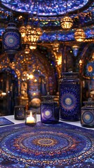 Obraz premium Decorated room featuring lights glass jars and patterned tablecloths