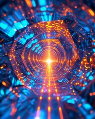 Obraz premium blue with orange glowing hologram transparent tech abstract background for card or greeting template banner backdrop
