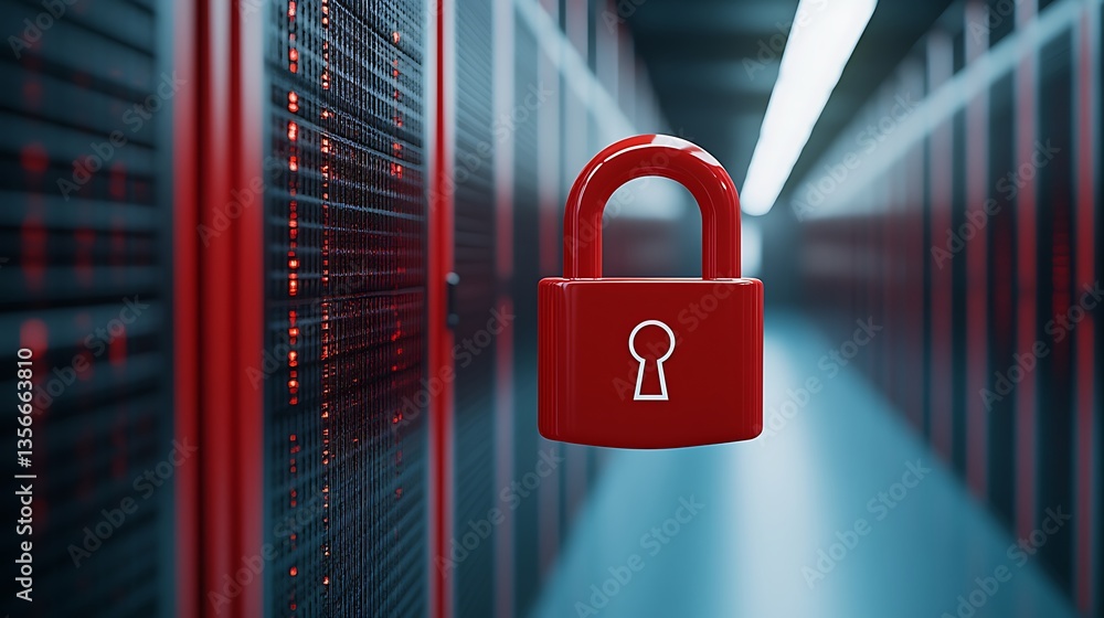 Poster red padlock symbol floating in a server hallway representing data security and digital protection co