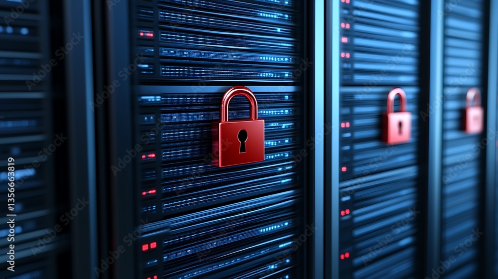 Poster red padlock security on digital server racks in modern data center with bright led lights and dark b