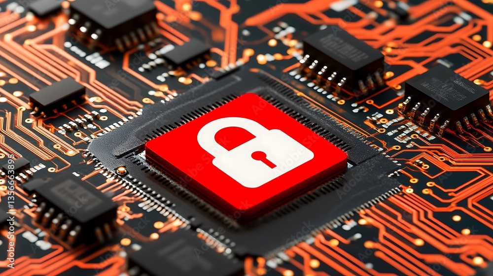 Poster red padlock symbol on a circuit board representing security and protection of digital data and techn