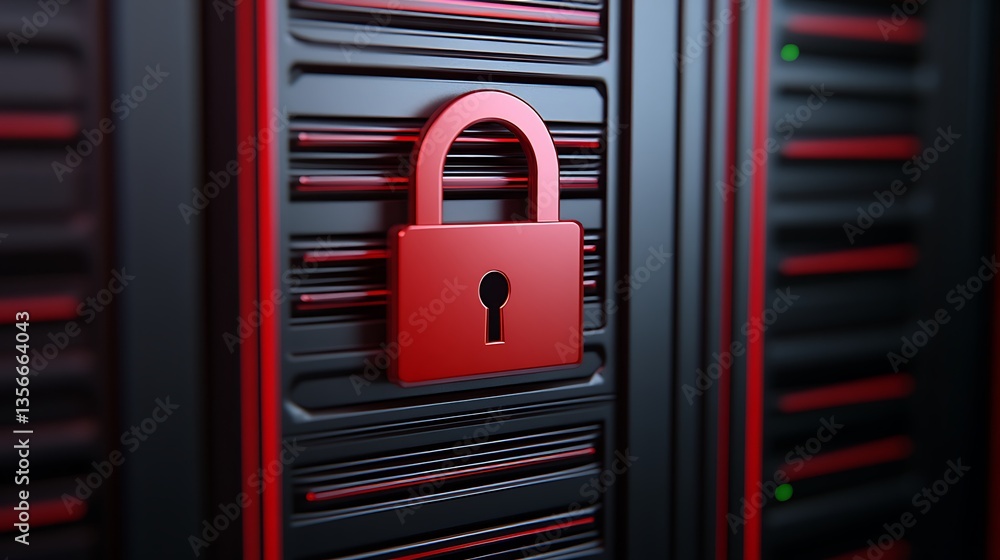 Poster red padlock symbol on modern server rack representing data security and cyber protection in technolo