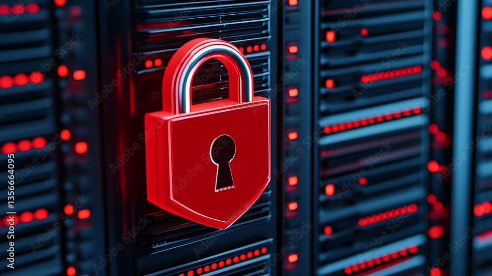 Poster red padlock symbol on digital server background representing data security and cyber protection conc