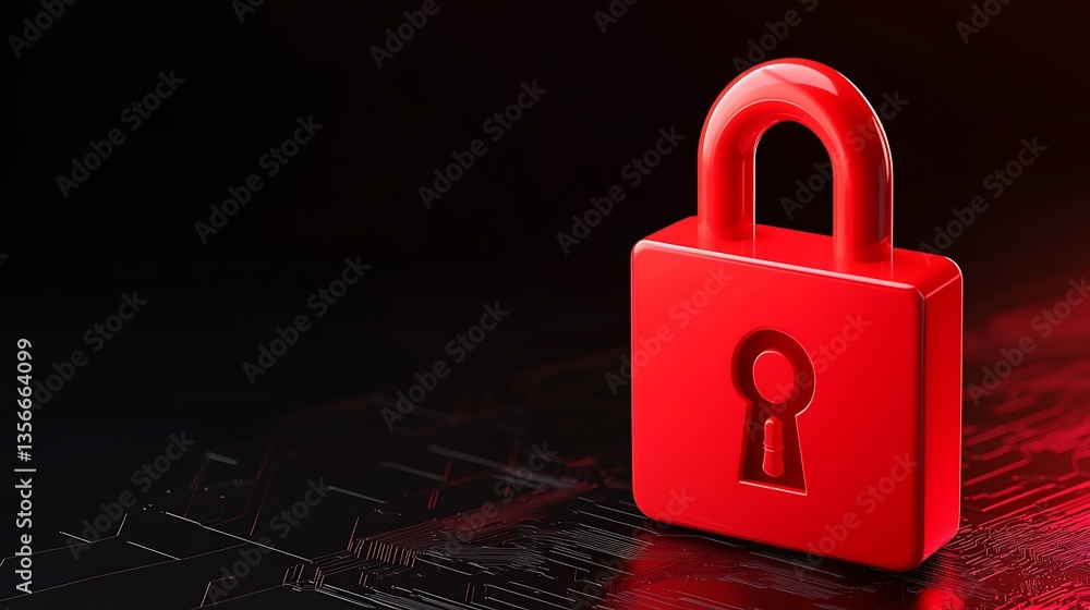 Poster red padlock symbolizing security and protection on a digital background with technology-inspired des