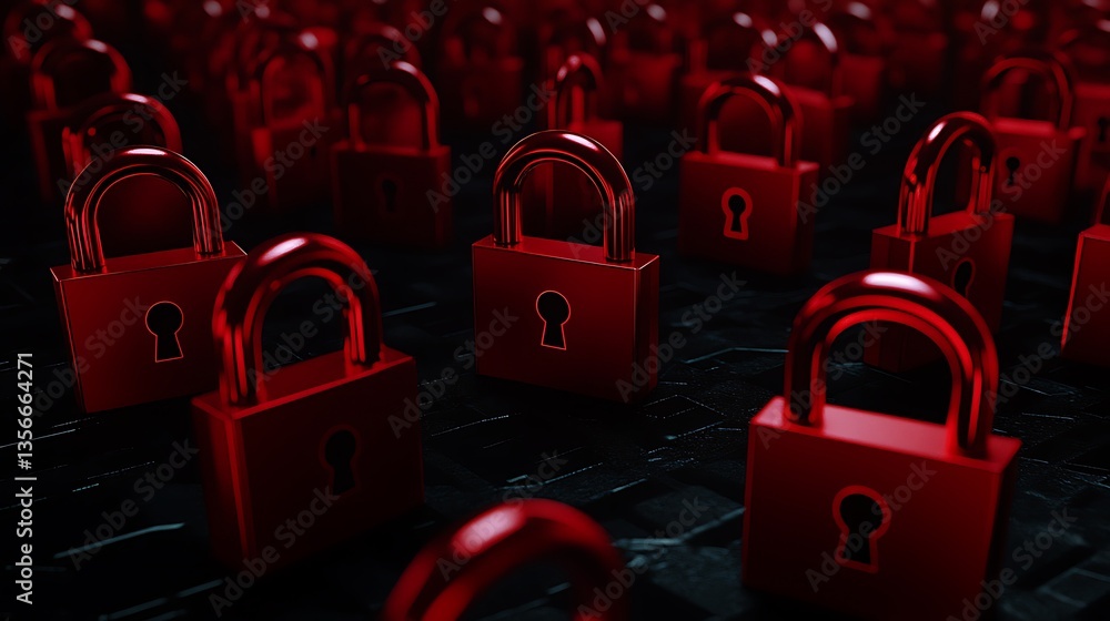 Poster red padlocks on dark surface create a pattern of security and protection concept against cyber threa