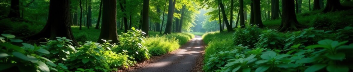 Fototapeta premium Narrow trail winds through dense, shadowy woods, night, trees