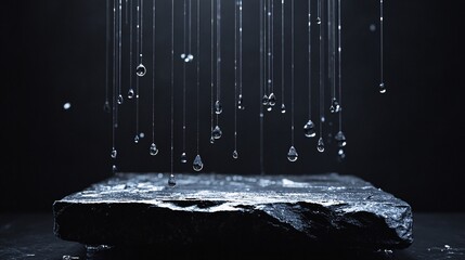 Water Droplets Cascade on Stone Slab Moody Light Clarity Beauty Clean Refreshing Spa Zen Calmness