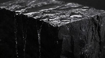 Water Droplets on Dark Stone Rock Formation Surface with Waterfall Effect Black and White Abstract