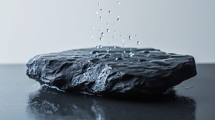 Water Droplets Falling on a Dark Stone Surface Creating Ripples and Reflections Minimalist Style