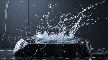 Water Splash on a Black Marble Platform Evoking Purity and Refreshment in a Studio Setting