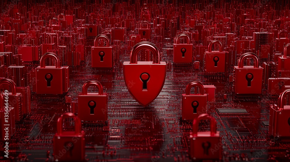 Aufkleber red security locks on circuit board background representing cybersecurity and data protection concep