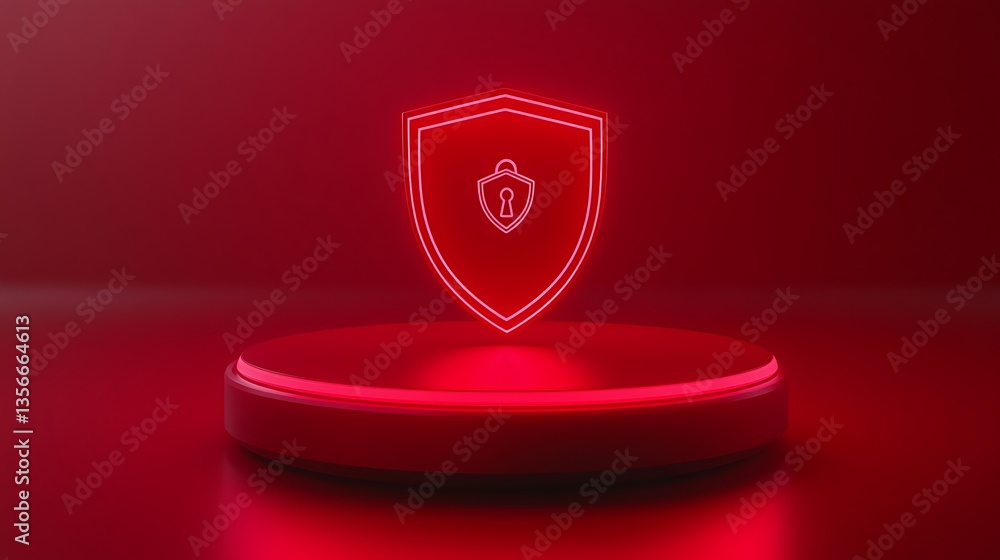 Poster red shield icon with keyhole on glossy platform for cybersecurity and data protection concepts
