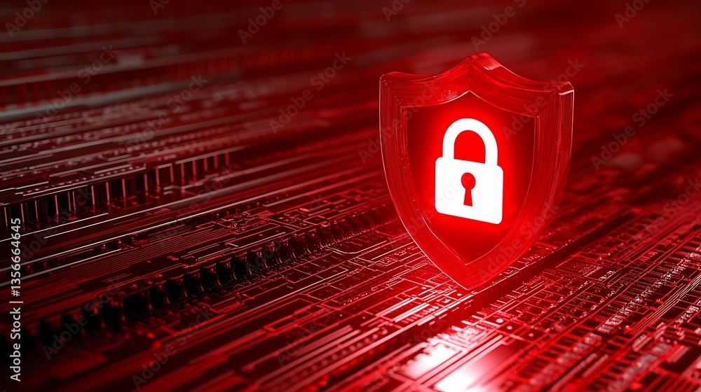 Poster red shield icon with lock symbol against abstract digital circuit background representing cybersecur