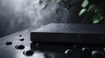 Wet Stone Water Droplets Evaporating in Gentle Mist Nature Background with Plant Enhancements
