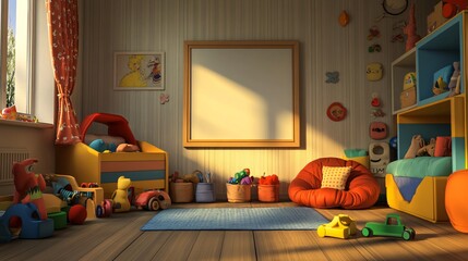 Whimsical Childs Playroom Interior with Toys Blank Frame and Beanbag Chair Sunny Day