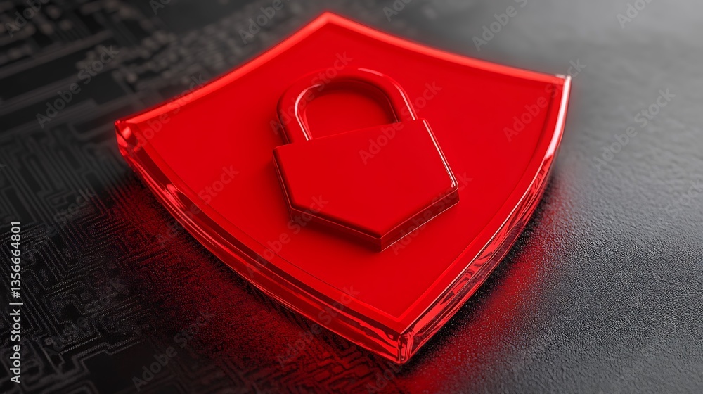 Poster red shield with lock symbol representing digital security and protection concept in modern technolog