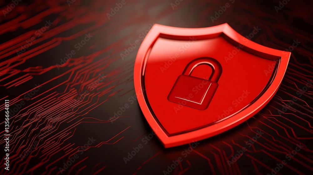 Poster red shield with padlock symbol on digital background representing cybersecurity and data protection 
