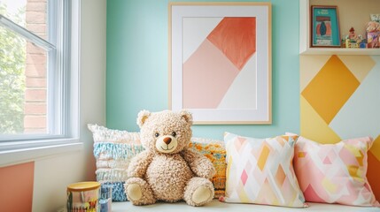 Adorable Teddy Bear with Colorful Pillows and Modern Art in Bright Nursery Room Decor Arrangement