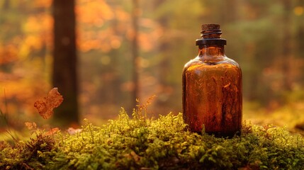 Amber Apothecary Bottle in Autumn Forest Setting with Falling Leaf and Mossy Ground Cover Scene