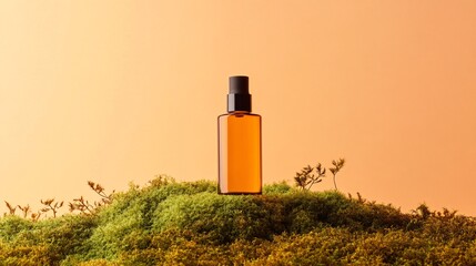 Amber Bottle on Mossy Ground Minimalist Still Life Natural Beauty Product Presentation Space