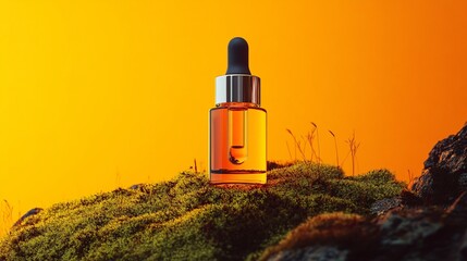 Amber Elixir Essence Bottle Resting on Lush Mossy Landscape Display with Warm Light Backdrop