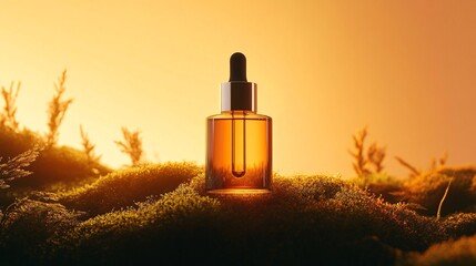 Amber Elixir Bottle on Mossy Earth with Golden Sunrise Glow Nature Serenity Organic Essence Product