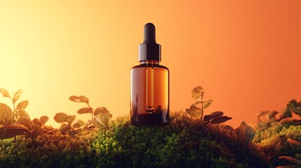 Amber Elixir Essence in Natural Setting of Moss and Leaves with Golden Light Serene Composition