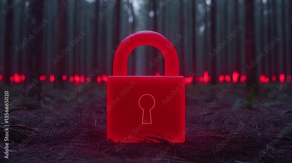 Poster red transparent padlock in a mysterious forest with glowing background symbolizes security and prote