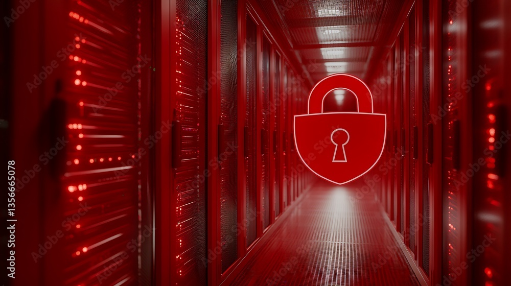 Poster red-lit data center corridor with digital padlock symbol representing cybersecurity and data protect