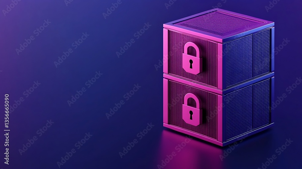 Poster secure boxes with padlocks in purple and blue background for data protection and cybersecurity conce