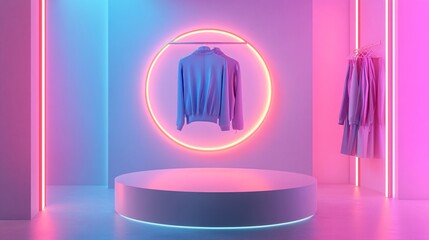 Apparel Display in Neon Lit Showroom with Podium and Circular Rack for Fashion Promotion