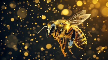 Apis Mellifera with Golden Pollen Dust Floating Around and Dark Background in Cinematic Style