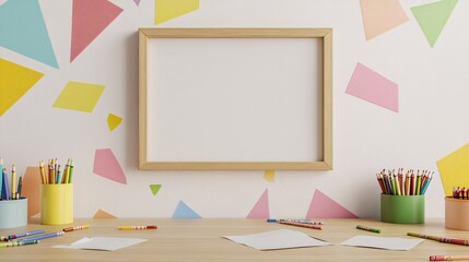 Artistic Kids Workspace with Blank Picture Frame and Colorful Geometric Wall Decoration Image