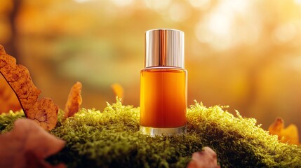 Autumn Elixir Essence Golden Bottle on Moss with Sunlit Forest Backdrop for Natural Skincare
