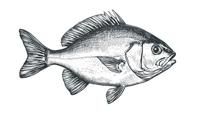 Fish sketch dorado gilt-head bream. Vintage retro print, black white gilt-head bream fish sketch ink pencil style drawing, linear drawing, engrave old school. Sketch artwork dorado fish. Illustration