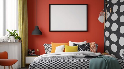 Bedroom Interior with Bed and Red Wall Featuring a Blank Picture Frame Above the Headboard