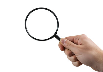 Hand holding magnifying glass isolated on transparent background