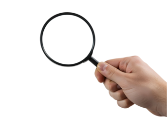 Hand holding magnifying glass isolated on transparent background