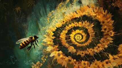 Bee Approaching Floral Spiral Vortex of Yellow Petals Artistic Honeybee Illustration Composition