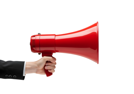 hand holding a red megaphone, isolated on a transparent background