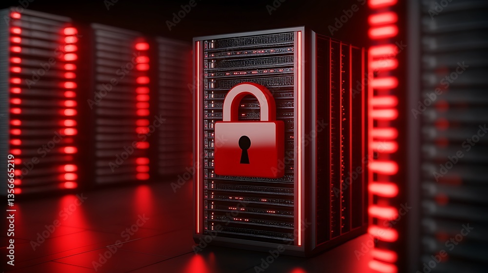 Poster secure data center with lock symbol illuminated by red lights to emphasize data protection concept