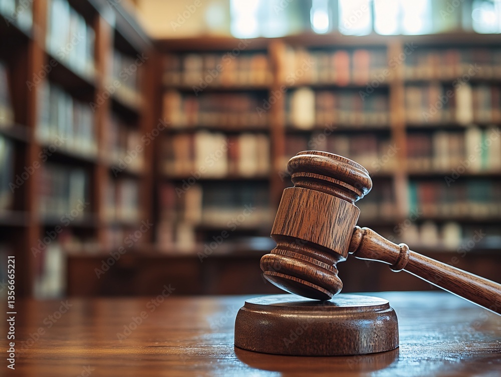 Poster wooden gavel on sound block with bookshelf background