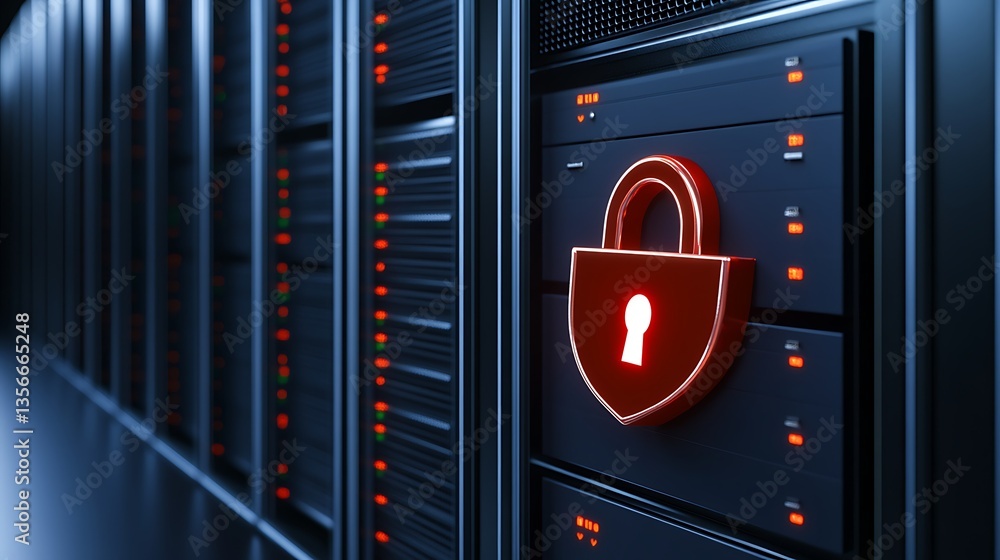 Poster secure data center with digital lock symbol representing cybersecurity and information protection co
