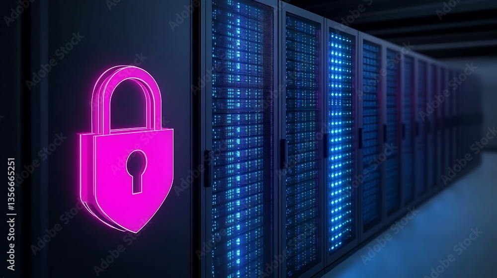 Poster secure data center with futuristic lock symbol and server racks in neon blue light for cybersecurity