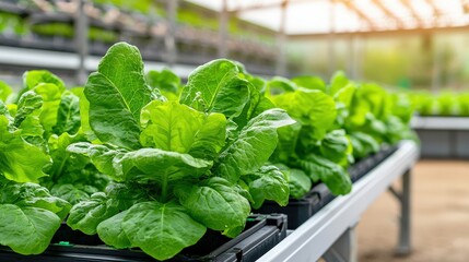 utility sustainability strategy concept. Lush green lettuce growing in a greenhouse setting.