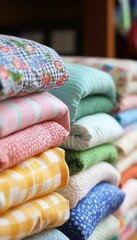 Fototapeta premium Stack of colorful fabric bolts, various patterns and textures. Ideal for crafting and textile projects.